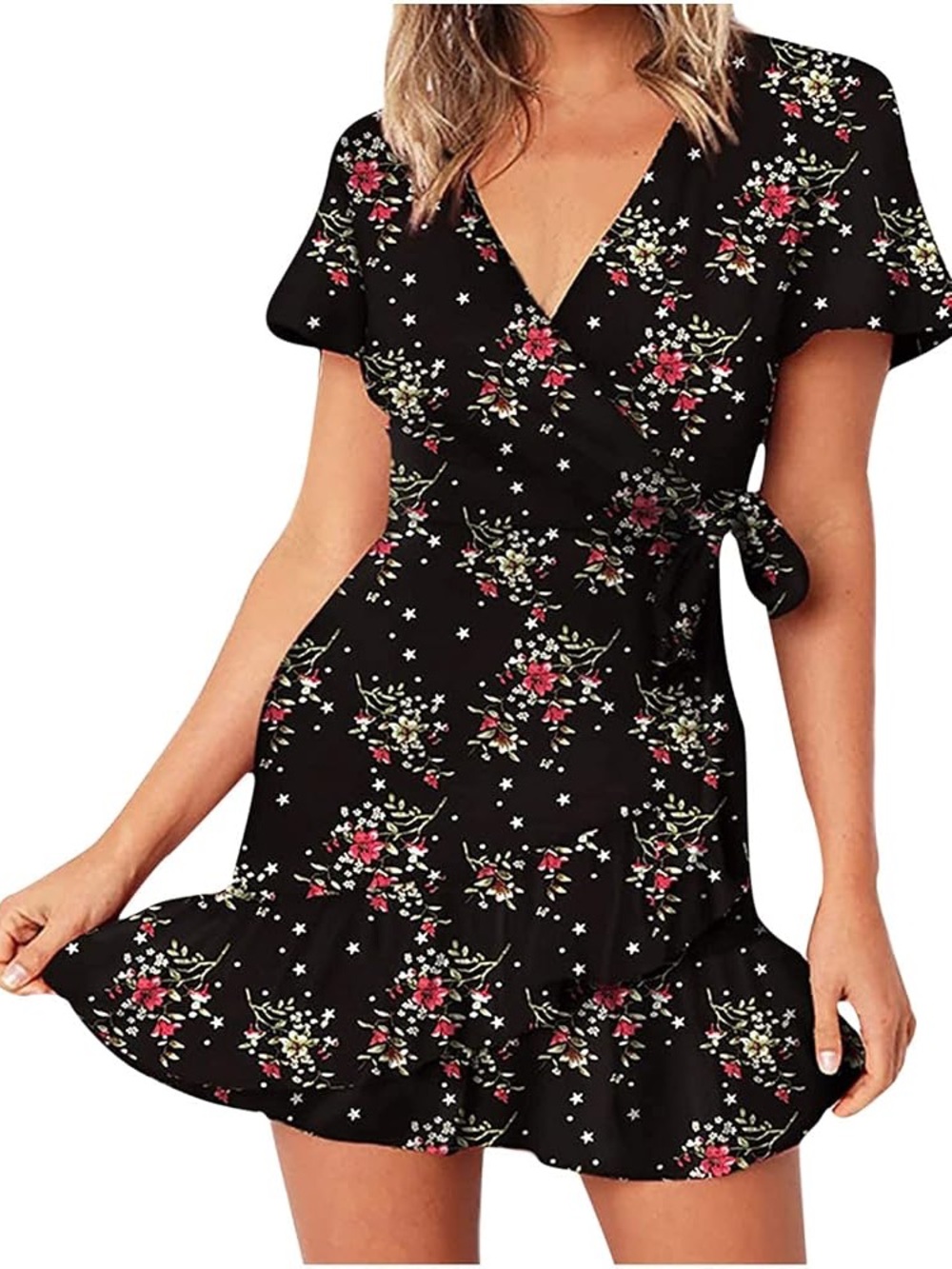 Women’s Ruffle Black Floral Mini Wrap Cocktail Dress Size M Boho